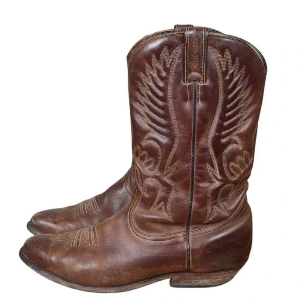 Vintage Boulet Cowboy Boots Leather Faux Horn Brown Western Size 10.5